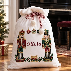 May include: A white plush Christmas gift sack featuring a red and white twisted drawstring with pom-poms. The front displays two nutcracker figures, a small drum, and three hanging ornaments, with the name Olivia printed in red script in the centre.