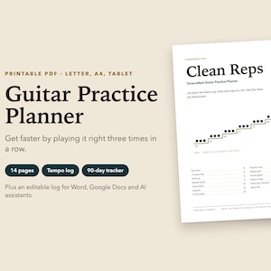 Könnte beinhalten: Ein druckbarer Gitarren-Übungsplaner als PDF mit 14 Seiten, einem Tempoprotokoll und einem 90-Tage-Tracker. Das Dokument enthält ein stufenweises Fortschrittsdiagramm mit BPM-Markierungen und ein Inhaltsverzeichnis mit dem Titel Clean Reps.