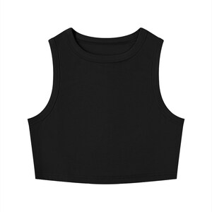 May include: A solid black sleeveless crop top featuring a high, rounded crew neckline with a ribbed collar trim. The garment has wide armholes and a straight, hemmed bottom edge, presenting a clean, plain design with no patterns or graphics.