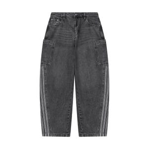 May include: High-waisted charcoal gray denim jeans featuring a relaxed, wide-leg silhouette. The pants include two large rectangular cargo-style side pockets and vertical striped panel detailing running down the outer seams of each pant leg.