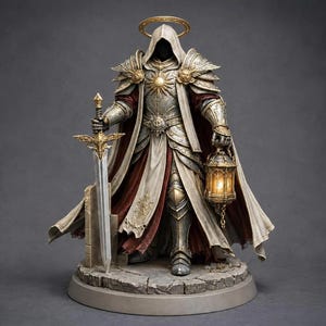 May include: A detailed figurine of a hooded knight in ornate silver and gold armor with a sun emblem on the chest. The figure wears a cream and deep red cloak, holds a long sword in one hand and a glowing lantern in the other, topped by a gold halo.