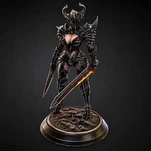 May include: A dark-armored fantasy figurine standing on a circular base. The figure wears black, spiked plate armor with a horned helmet and holds two swords, one of which features a glowing orange blade. The armor has intricate metallic details.