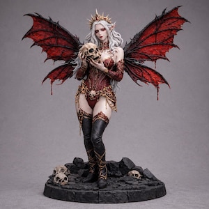 May include: A detailed fantasy figurine of a pale figure with long white hair, wearing a dark red corset and black thigh-high boots. The figure has large, tattered red and black wings, a golden crown, and holds a human skull. It stands on a rocky base.