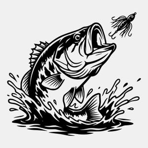 May include: A black and white graphic illustration of a largemouth bass jumping out of the water with its mouth open, chasing a fishing lure with a skirt and hooks. The design features bold lines and high contrast, capturing the fish in motion.