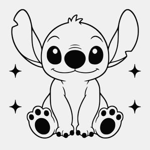 Peut inclure: Une illustration en noir et blanc au trait du personnage Stitch de Lilo et Stitch. Le personnage est représenté en position assise avec de grandes oreilles, un nez rond et quatre petites étoiles à quatre branches entourant la figure.