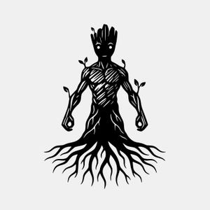 Può includere: Un'illustrazione grafica nera di una figura umanoide simile a un albero con un busto dalla consistenza simile alla corteccia, occhi grandi e piccoli germogli frondosi che emergono dalle spalle e dalle braccia. La base forma un sistema di radici.