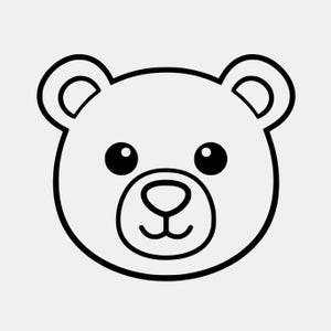 Puede incluir: Una ilustración de arte lineal en blanco y negro de una cabeza de oso. El diseño presenta una cara circular con dos orejas redondeadas, dos ojos circulares negros sólidos con pequeños reflejos blancos, una nariz redondeada y una boca.