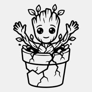 May include: A black and white line art illustration of a small, tree-like creature with large eyes and raised arms emerging from a cracked, circular ceramic flower pot. The character features textured bark-like skin and small leaves sprouting from its limbs.