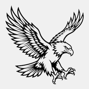 Puede incluir: Una ilustración gráfica en blanco y negro de un águila calva en vuelo con las alas totalmente extendidas hacia arriba. El águila se muestra en un movimiento de descenso con sus afiladas garras extendidas, con líneas gruesas y contrastes.