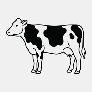 Op de afbeelding: Een zwart-witte lijntekening van een koe die in profiel staat. De koe heeft een wit lichaam met grote, onregelmatige zwarte vlekken op de rug en zijkanten, een eenvoudige omtrek van de kop, vier poten en een naar beneden hangende staart.