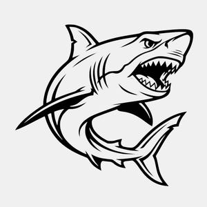 May include: A black and white graphic illustration of a shark in a dynamic swimming pose. The shark is depicted with its mouth wide open, revealing sharp teeth, and its body is curved with visible gills and fins rendered in bold, clean lines.