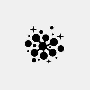 Pode incluir: Um ícone gráfico preto apresentando um grupo central de círculos interconectados de vários tamanhos, semelhante a uma estrutura molecular ou rede, acentuado por várias pequenas estrelas de quatro pontas espalhadas ao redor.