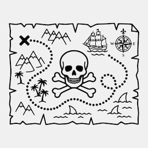 May include: A black and white line art illustration of a rectangular treasure map with jagged edges. The map features a central skull and crossbones, a dotted path leading to an X, mountain ranges, palm trees, a sailing ship, and a compass rose.