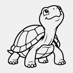 以下が含まれることがあります： 丸い甲羅と笑顔が特徴的な小さなカメの白黒線画イラスト。カメは横向きの姿で描かれており、大きな目で上を見上げている。背景は無地で、太くはっきりとした輪郭線で構成されている。
