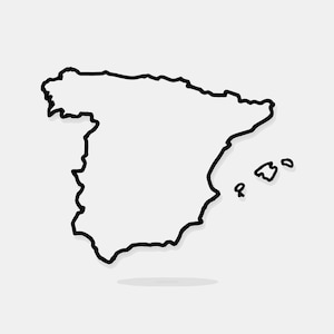 Könnte beinhalten: Eine schwarze Umrisskarte von Spanien, einschließlich der Balearen, dargestellt als einfache grafische Illustration auf einem einfarbigen hellgrauen Hintergrund. Das Design zeigt eine kräftige, durchgehende schwarze Linie.