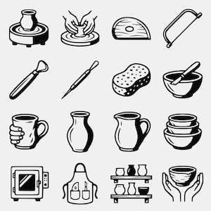 May include: A collection of sixteen black and white icons depicting pottery tools and processes, including a pottery wheel, a kiln, various ceramic vessels, bowls, a sponge, a saw, an apron, and hands shaping clay or holding a finished bowl.