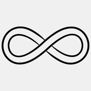 Puede incluir: Una ilustración gráfica en blanco y negro de un símbolo de infinito. El diseño presenta una línea negra gruesa y continua que forma una figura de ocho horizontal con un centro hueco, sobre un fondo gris claro sólido y uniforme.