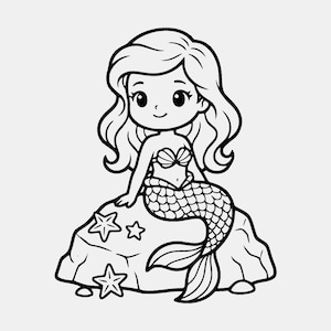 Chibi Mermaid Rock SVG PNG: Schneidedatei mit kräftigen Linien (Digitaler Download)