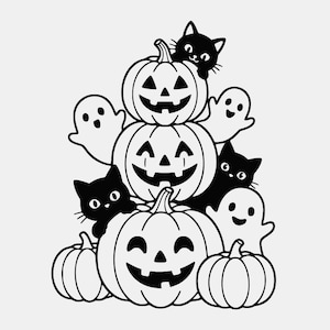 Può includere: Un'illustrazione grafica in bianco e nero che presenta una pila di tre zucche intagliate, due zucche più piccole alla base, due gatti neri dagli occhi grandi e tre fantasmi sorridenti in una composizione festiva di Halloween.