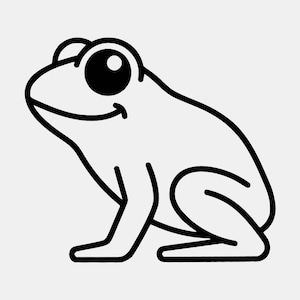 May include: A black and white line art illustration of a frog in profile. The frog features a simple outline, a large circular eye with a white pupil, and a curved line representing a mouth. The design is clean, bold, and minimalist in style.