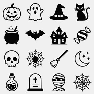 May include: A collection of sixteen black icons on a light gray background featuring Halloween imagery including a jack-o'-lantern, ghost, witch hat, black cat, cauldron, bat, haunted house, candy, skull, spider in a web, broom, moon, potion bottle, tombstone, mummy, and a spider web.