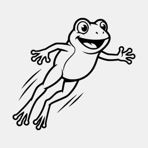 Puede incluir: Una ilustración de arte lineal en blanco y negro de una rana de dibujos animados en el aire, representada en una pose de salto dinámica con las extremidades extendidas. La rana tiene ojos grandes, una boca sonriente y líneas de movimiento.