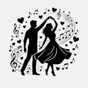 Può includere: Una silhouette nera che raffigura due figure che ballano insieme. Il design include linee di pentagramma musicale vorticose, varie note musicali e forme di cuore sparse attorno alla coppia, con la persona sulla destra che indossa un abito.