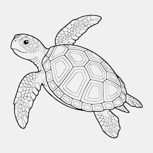 Peut inclure: Une illustration en noir et blanc au trait représentant une tortue de mer en train de nager. Le dessin présente une carapace détaillée avec un motif géométrique d'écailles, des nageoires texturées et une tête définie avec un œil.