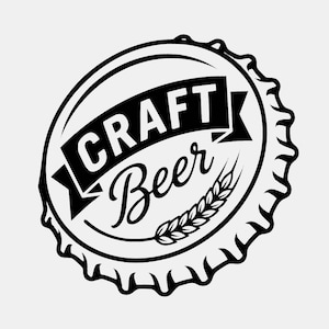 May include: A black and white graphic illustration of a bottle cap featuring the text CRAFT in a bold sans-serif font on a ribbon banner, with the word Beer in a cursive script below it and a stylized wheat stalk graphic to the right side.