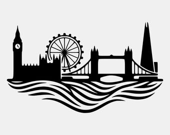 May include: A black silhouette graphic of the London skyline featuring Big Ben, the London Eye, Tower Bridge, and The Shard, all positioned above stylised black waves. The design is presented as a flat, solid black vector-style illustration.