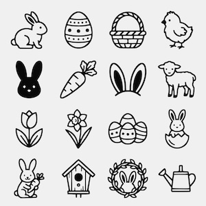 Puede incluir: Una colección de dieciséis iconos de arte lineal en blanco y negro con temas de Pascua y primavera, que incluyen un conejo, huevos estampados, una cesta, un pollito, una zanahoria, orejas de conejo, un cordero, un tulipán, un narciso, una pajarera, una corona y una regadera.