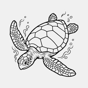 May include: A black and white line art illustration of a sea turtle swimming. The turtle features a detailed shell with hexagonal patterns, textured flippers, and a head with visible eye detail. Small bubbles and wavy lines surround the turtle.