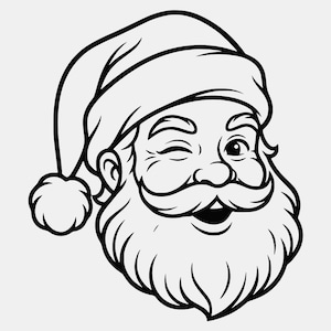 Könnte beinhalten: Eine schwarz-weiße Strichzeichnung eines zwinkernden Weihnachtsmannkopfes. Die Figur trägt eine traditionelle Mütze mit Bommel und hat einen dichten Schnurrbart sowie einen vollen Bart. Das Design verwendet kräftige Umrisslinien für eine klare Grafik.