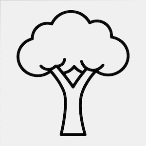 May include: A black and white line art illustration of a tree. The design features a thick black outline forming the shape of a tree with a rounded, cloud-like canopy and a central trunk that splits into two main branches at the base of the foliage.