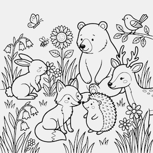 Può includere: Una pagina da colorare in bianco e nero con disegni al tratto che raffigura un orso, un cervo, una volpe, un riccio e un coniglio in un ambiente boschivo. La scena include un girasole, fiori a campana, un uccellino su un ramo, una farfalla e un'ape.