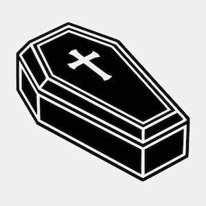 May include: A black coffin with a white outline and a white cross symbol centered on the lid. The coffin is depicted in an isometric perspective, showing the top and one side panel, featuring a clean, high-contrast graphic design style.