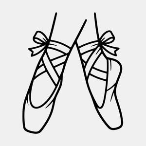 Puede incluir: Una ilustración de arte lineal en blanco y negro de un par de zapatillas de ballet. Las zapatillas cuentan con cintas que se cruzan sobre el empeine y están atadas en lazos en los tobillos. El diseño es simple, limpio y enfocado.