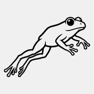Puede incluir: Una ilustración de arte lineal en blanco y negro de una rana en posición de salto. La rana se representa con un contorno suave, ojos grandes y oscuros, y extremidades extendidas con dedos visibles, capturada en una pose dinámica.