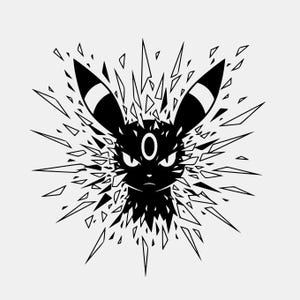 May include: A black and white graphic illustration featuring the head of a creature with long pointed ears, a circular mark on its forehead, and sharp eyes, surrounded by a burst of jagged, shattered glass-like shards radiating outward.
