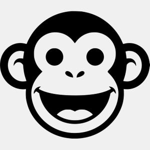 May include: A black and white graphic illustration of a monkey face. The design features a circular head shape with large rounded ears, two circular eyes, a small nose, and a wide, open-mouthed smile showing a tongue, all in high contrast.