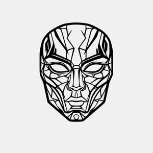 May include: A black and white graphic illustration of a human face mask featuring a complex geometric pattern of sharp, angular lines and interconnected shapes that define the eyes, nose, mouth, and facial structure in a stylized, symmetrical design.