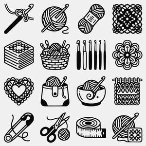 Op de afbeelding: Een verzameling van zestien zwart-wit iconen die haak- en breigereedschappen vertegenwoordigen, waaronder bollen wol, haaknaalden, een mand, een meetlint, een schaar, een veiligheidsspeld en diverse decoratieve patronen zoals harten en bloemen.