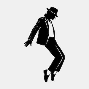 May include: A black and white graphic illustration of a person in a fedora hat, blazer, and trousers, captured in a dynamic dancing pose. The figure is depicted in silhouette with a white shirt visible underneath the jacket, mid-air in motion.