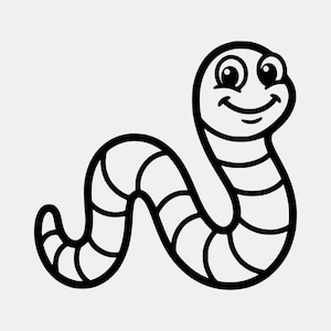 May include: A black and white line art illustration of a cartoon earthworm. The worm has a rounded head with large, circular eyes and a wide, smiling mouth. Its long, segmented body is curved in an S-shape, featuring thick outlines throughout.