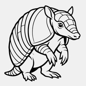 May include: A black and white line art illustration of an armadillo standing on its hind legs. The creature features a segmented, armored shell covering its back and head, pointed ears, a long snout, and sharp claws on its front and back feet.