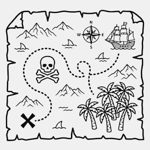 May include: A black and white line drawing of a treasure map with jagged edges. It features a skull and crossbones, a dotted path leading to an X, a compass rose, a sailing ship, mountain ranges, palm trees, and shark fins in the water.