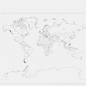 May include: A black and white world map outline featuring clearly defined country borders and continents. Vertical dashed lines represent time zones, labeled with UTC offsets from UTC-12 to UTC+12 across the top and bottom margins.