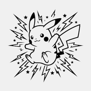 Puede incluir: Una ilustración gráfica en blanco y negro de un personaje Pikachu con orejas puntiagudas, mejillas redondas y una cola en forma de rayo. El personaje está rodeado de múltiples símbolos de rayos dentados y pequeñas estrellas.