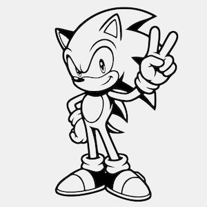 Può includere: Un'illustrazione a linee bianche e nere del personaggio Sonic the Hedgehog. Il personaggio è raffigurato in piedi, rivolto in avanti con una leggera rotazione, e tiene una mano alzata in un gesto di pace con due dita sollevate.