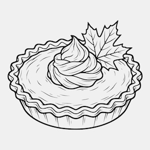 Op de afbeelding: Een zwart-wit lijntekening van een ronde taart met een gekartelde korstrand. De taart is bedekt met een centrale toef slagroom en een enkel esdoornblad dat aan de rechterkant van de roomtopping is geplaatst.